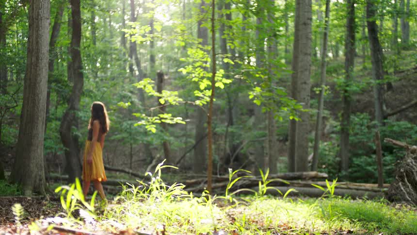 Woman walks through a field near the woods on a sunny summer day