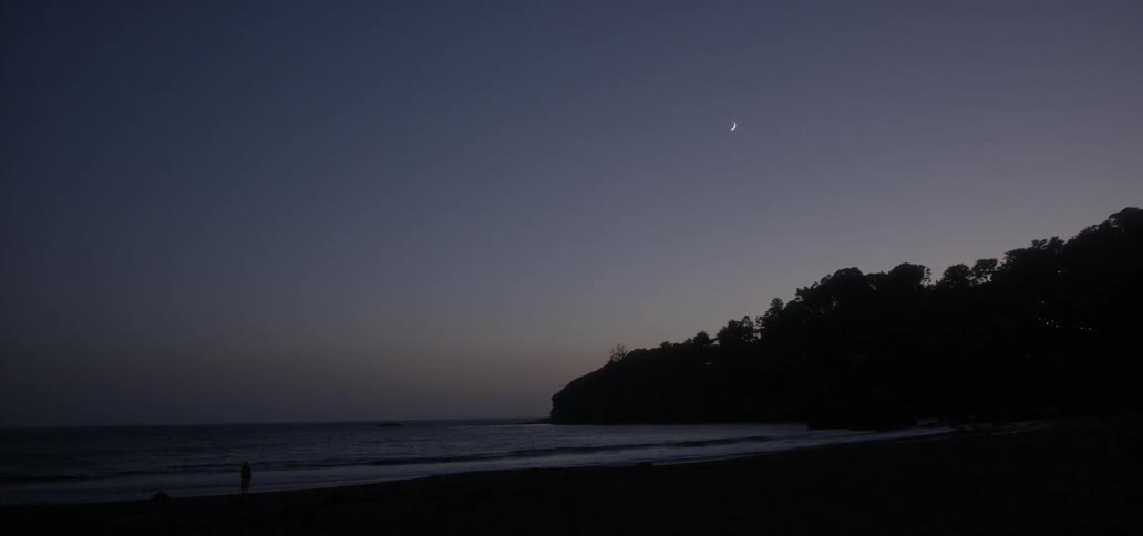 A person walks on a beach at dusk