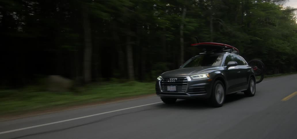 Car with surfboard on top driving down a forest highway