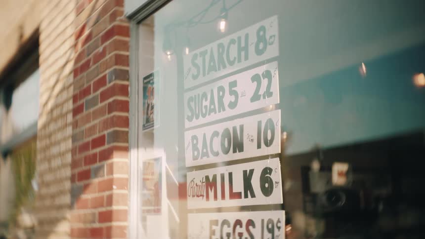 Vintage price list displayed in storefront window