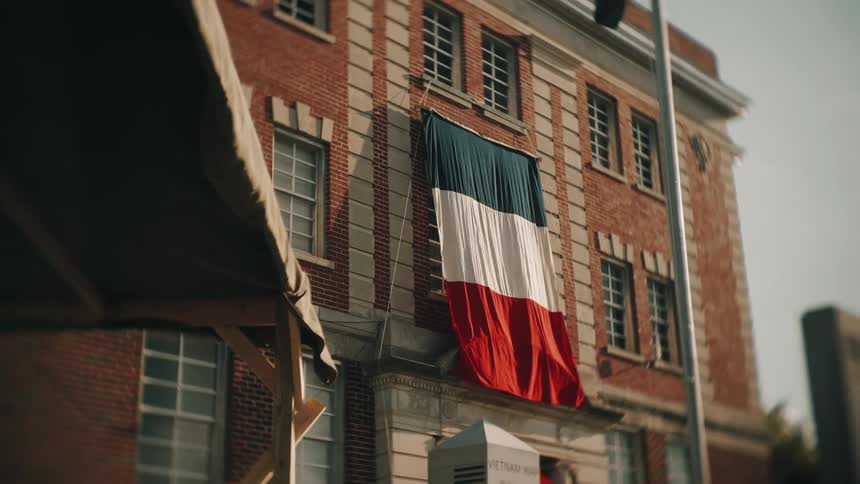 A large french flag hangs proudly from a historic red brick building bathed in the warm golden light of late afternoon