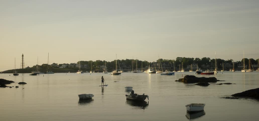 A man paddle boards in a marina