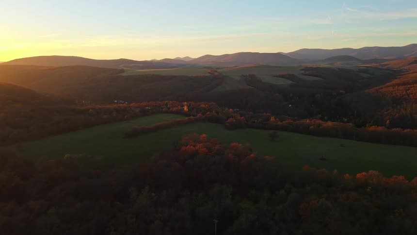 A forest filled with trees changing color in the fall with a mountain range lining the background at sunset