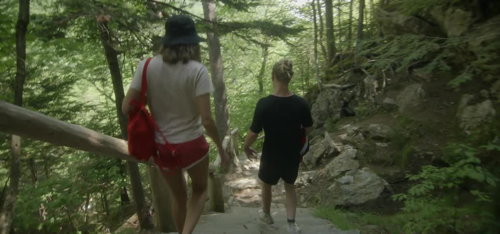 A man and woman walk down steps in a forest