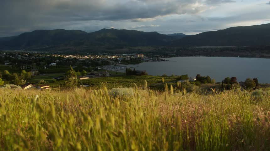 Tall grasses in the foreground overlook a town situated along a large lake and framed by dark mountains under a dramatic cloudy sky
