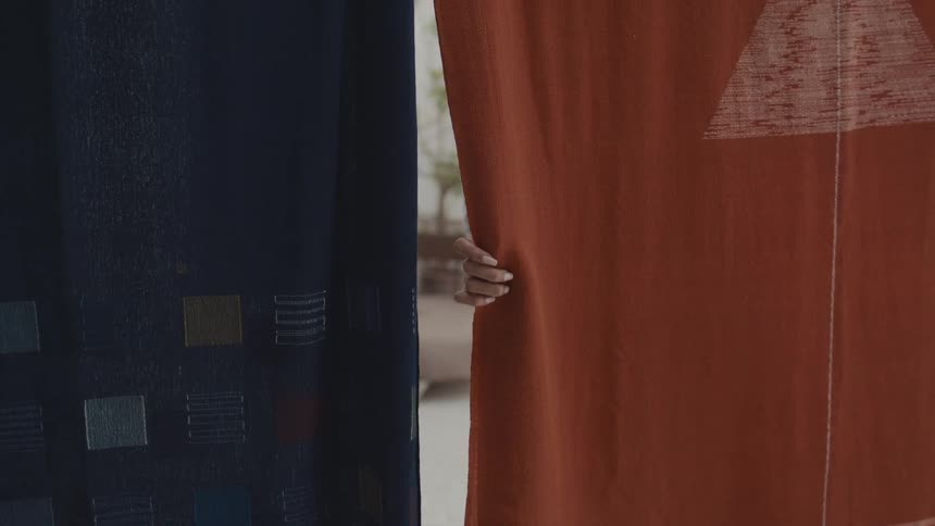 Hand grips the edge of a curtain as an opening reveals an outdoor area in the background