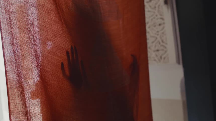 The video shows a closeup shot of a sheer reddishbrown curtainbehind the curtain the dark silhouette of a persons hands and arms can be seen pressing against the fabric and slowly moving downwards