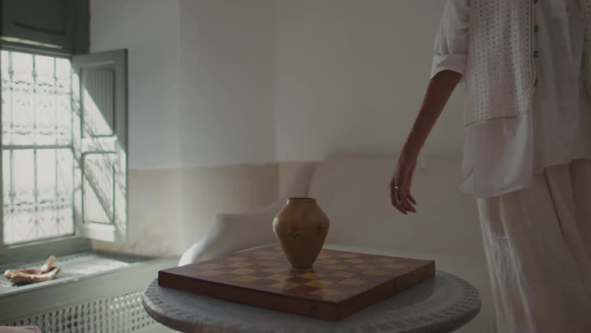 Person standing beside round table with chessboard and ceramic vase in softly lit interior