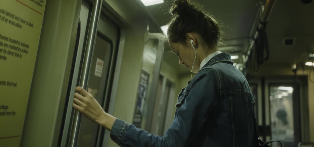 Woman wearing earbuds waits on a bus and gets off