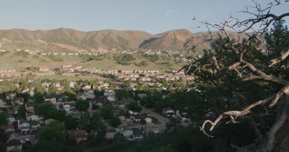 Aerial view of a mountain valley neighborhood