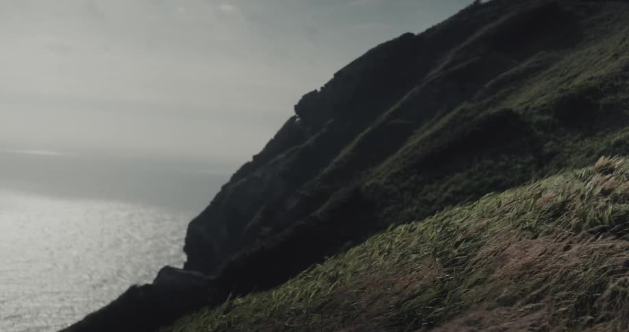 Wind blows the grass on the mountain by the water
