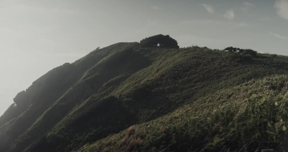 Hill covered with low vegetation under natural light with clear sky in the background