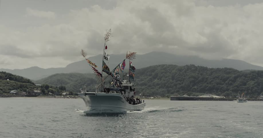 Decorated boat sails in coastal waters against mountainous landscape