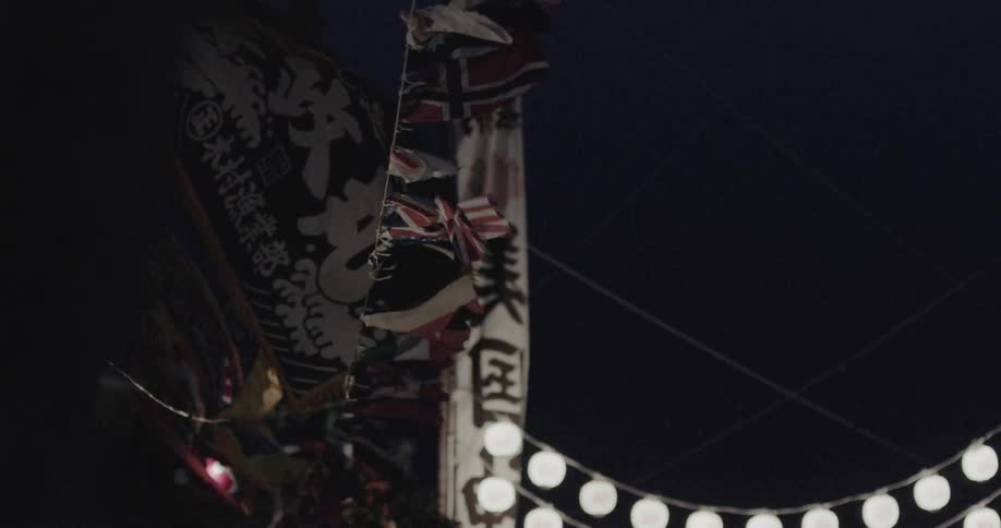 A view of some flags blowing in the wind at night