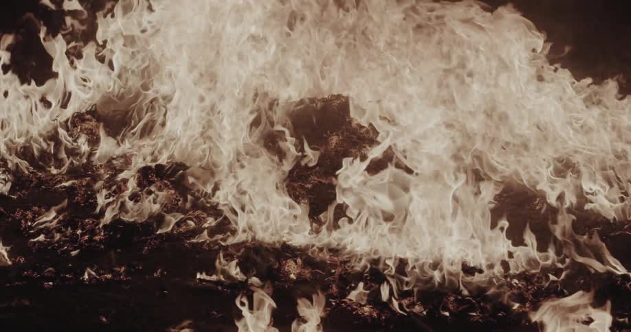 A mound of dark debris burns as pale flames curl and surge across the ground rolling in waves that swallow the pile then loosen to expose charred clumps before flaring up again