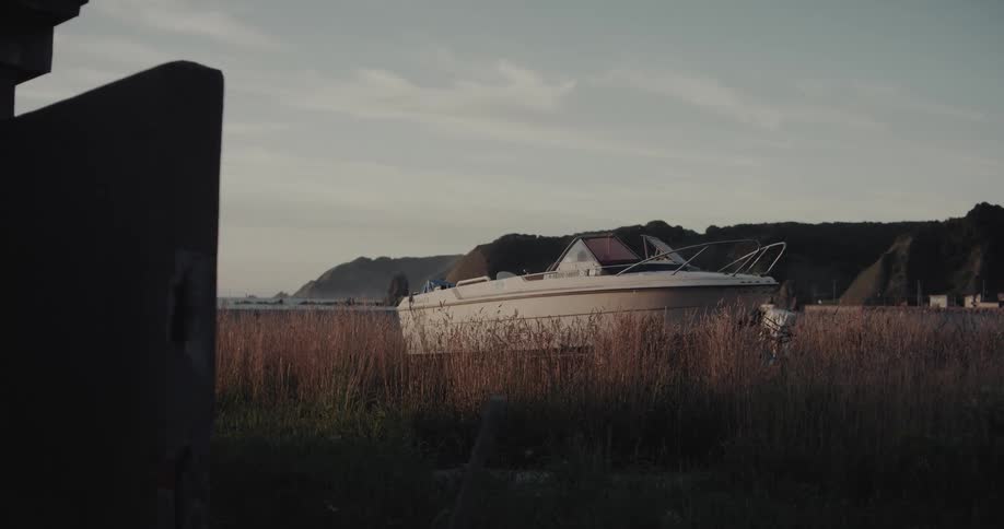 Small boat sitting on grass along the coast