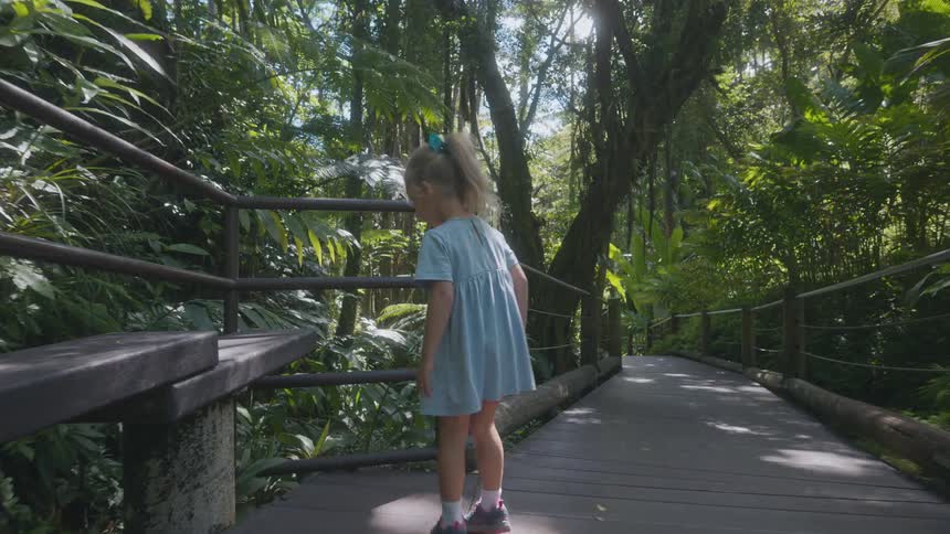 Little blonde girl in a blue dress walking through a wooded area