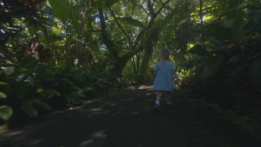 The girl searches while walking on the nature trail