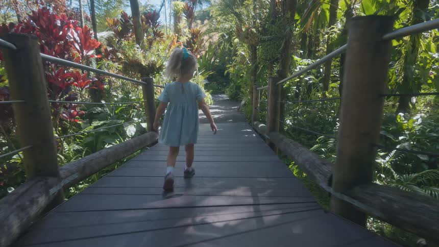 Little girl walking on a footbridge into the woods