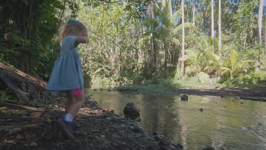 A child walking toward a stream bank in the jungle on a sunny day tossing a small rock into the flowing water as sunlight filters through the trees