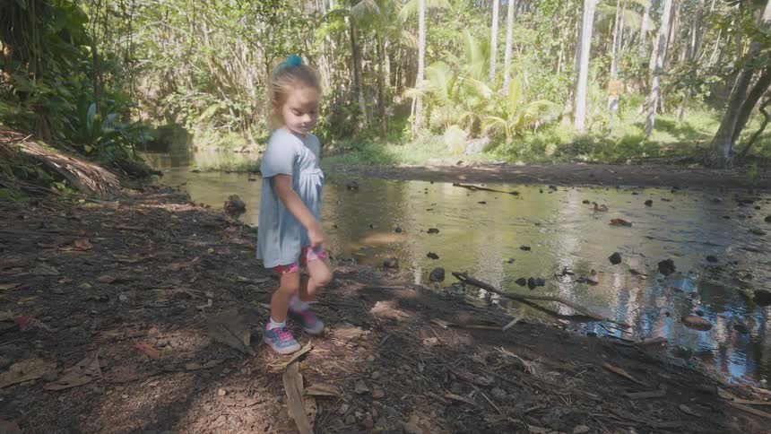 Child in blue dress observing shallow stream in sunlit tropical forest area