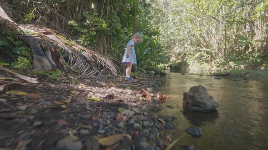 The girl picks up a rock and tosses it in the creek