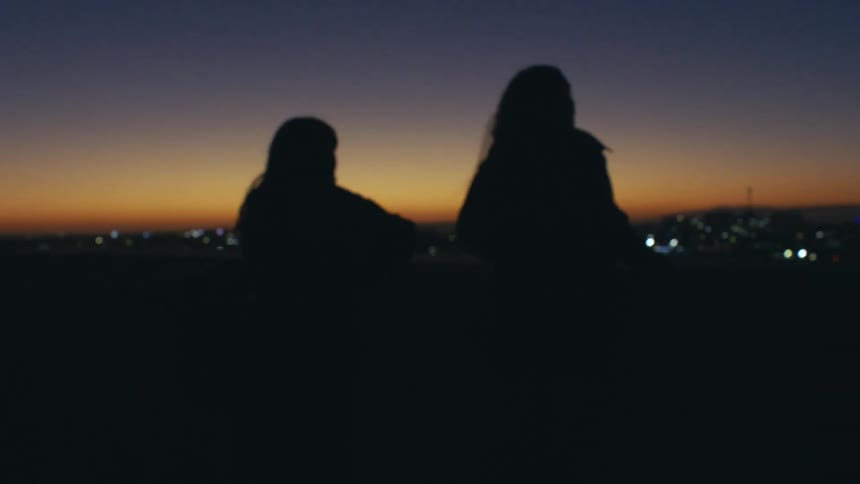 Two people walking outdoors at dusk