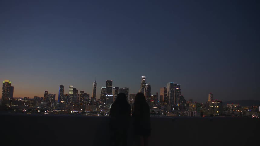 Silhouettes overlook illuminated urban skyline at nightfall