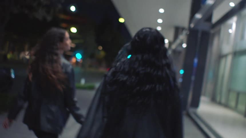 Women walking on a lit urban sidewalk at night seen from behind