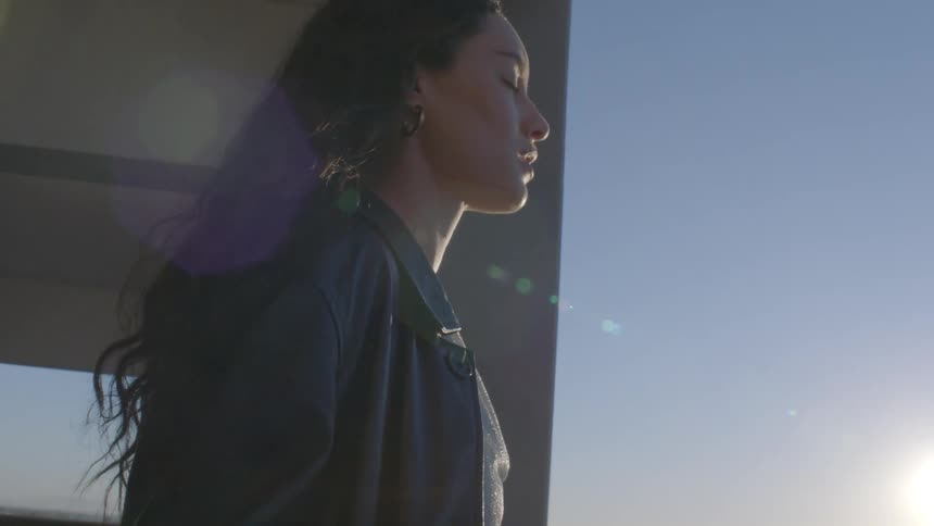 Woman observing the horizon from a building