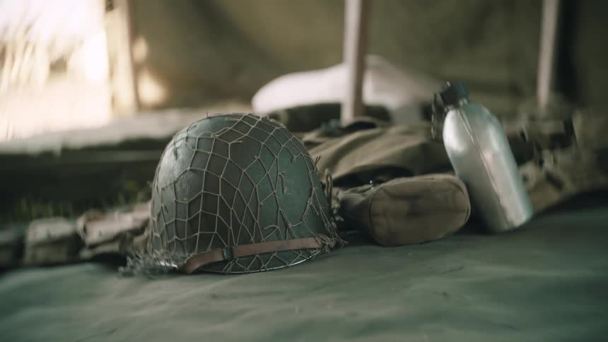 A close up of some military gear on a table