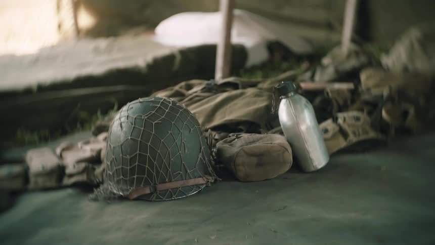 A view of a military helmet and gear