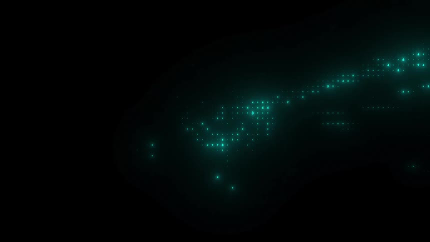 Rows of glowing blue digital dots form a swirling circular pattern that expands and contracts against a dark background