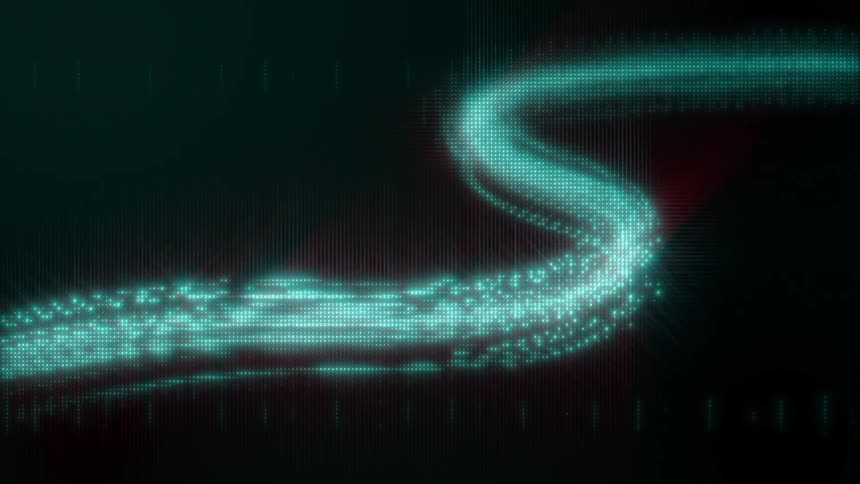 A vibrant sshaped trail of glowing turquoise digital particles flows and shimmers across a dark gridpatterned background