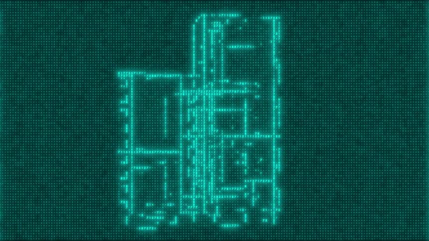 Abstract digital structure formed by glowing dots and lines in blue tones on a dark background