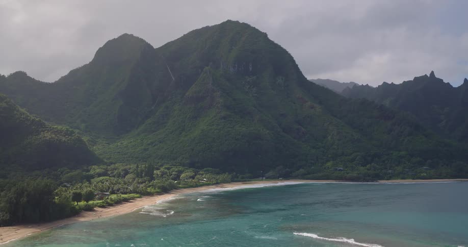 Aerial view of a tropical bay with turquoise water and a sandy beach bordered by lush green forests and jagged mountain peaks under a cloudy sky