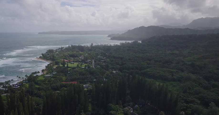 A lush densely forested tropical coastline with scattered houses nestled among the trees waves breaking along the shore to the left and misty mountains fading into a cloudy overcast sky in the distance