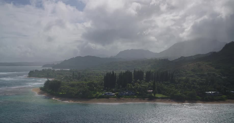 A coastline with a forestsurrounded resort as waves roll against the shore on a cloudy overcast day