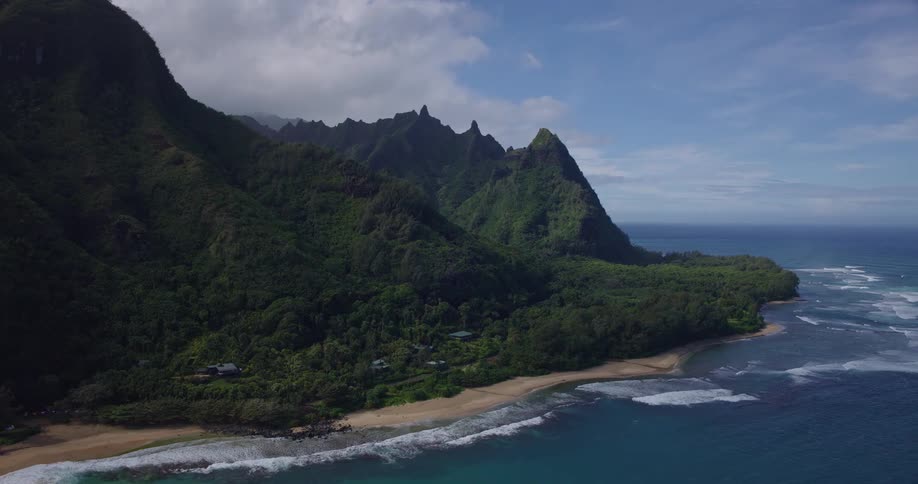 An aerial view of some mountains along the coast