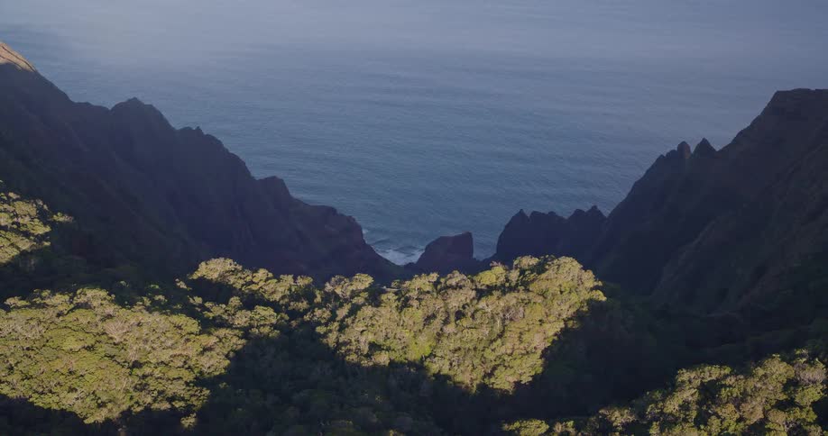 The jagged dark silhouette of the mountain ridges that separate the lush green forest from the oceanthe flat expansive horizon line where the calm blue sea meets the hazy sky in the distance