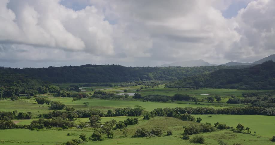 An aerial wide shot captures a vast tropical valley featuring lush green fields and a winding river nestled between densely forested hills under a cloudy sky showcasing the expansive and serene natural terrain of a rural island landscape