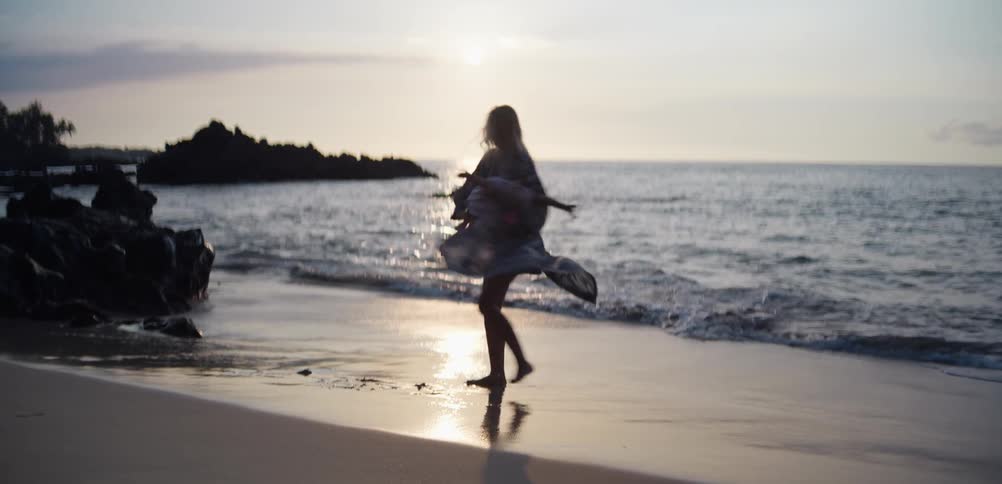 A woman in a flowing dress spins joyfully on a sandy beach while holding a young child in her arms the scene is set at sunset with the golden light reflecting off the ocean waves and the wet shoreline