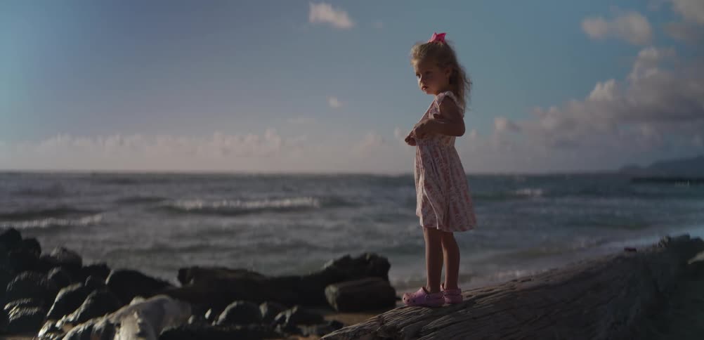 A young girl in a dress and a pink bow stands on a large log on a beach looking out at the ocean waves under a partly cloudy sky