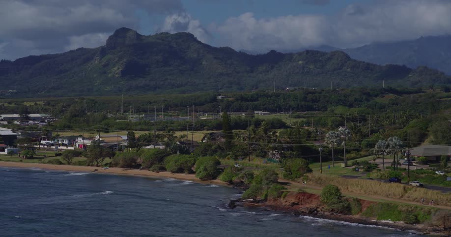 Aerial view of a lush tropical coastline with a beach and homes beneath a rugged green mountain