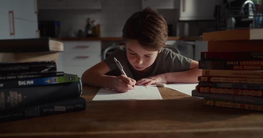 Child writing on paper at a table with stacked books in a home setting