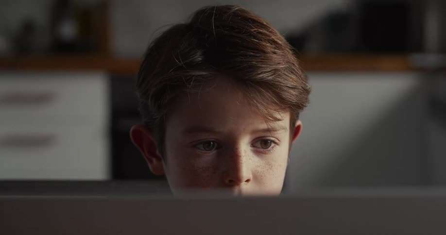 A young boy sitting indoors at midday seated in front of a computer as soft daylight fills the room