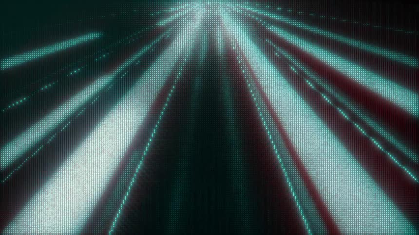 Glowing teal and red digital particles streak across a dark background creating a sense of highspeed motion through a datadriven or futuristic spacethe light patterns pulse and fade into a deep black void featuring a pixelated texture that resemble