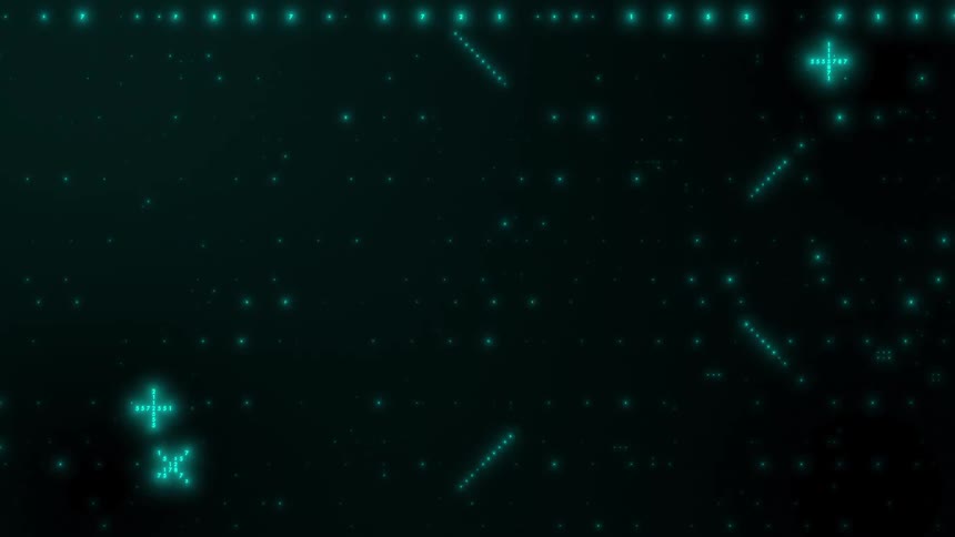 A consistent horizontal line of tealcolored glowing dots runs across the upper edge of the frame these dots appear as a fixed structural element of the digital display providing a stable frame of reference while other elements move