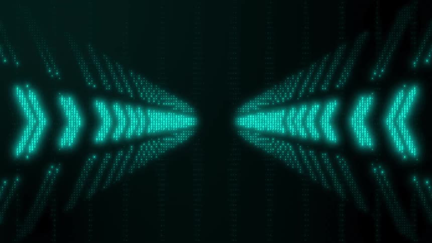 Visual composition the two lines consist of glowing teal or cyan chevrons arrowlike shapes made up of individual digital dots these lines start at the outer edges of the frame and angle inward toward a central vanishing point creating a forced perspe