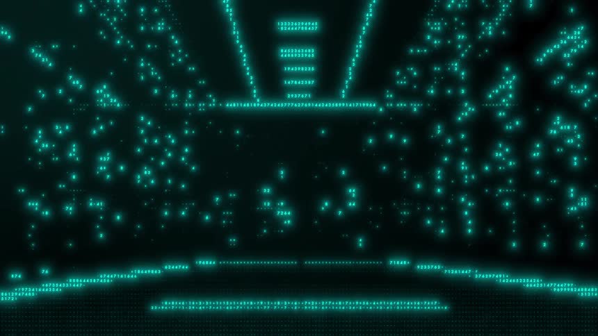 At the bottom of the frame there is a prominent horizontal floor or plane made of dense rapidly shifting numerical strings these numbers are arranged in tight linear rows that flicker and glow creating a sense of a digital foundation or a processing